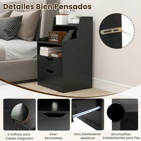 Mesa de cabeceira LED com estação de carregamento com 2 gavetas e prateleira aberta 45 x 35 x 72,5 cm Preto