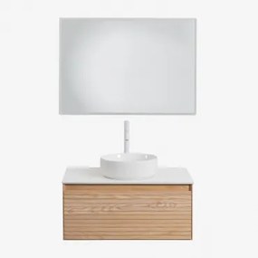 Conjunto De Móvel De Casa De Banho Suspenso 80x50 Cm Em Madeira De Freixo Tedrik Castanho Fresno & Cerâmica Redonda Branca Ø40 Cm - Sklum