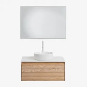 Conjunto De Móvel De Casa De Banho Suspenso Em Madeira De Freixo Tedrik Castanho Fresno & Cerâmica Redonda Branca Ø40 Cm Lenka & - Sklum