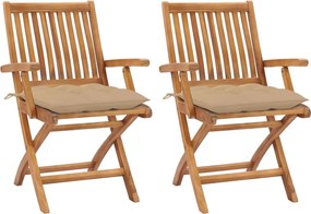vidaXL Cadeiras de jardim c/ almofadões bege 2 pcs teca maciça