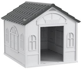 PawHut Casa para Cães 65x75,7x63 cm Casa para Cães com Janelas e Teto com Telhas de Imitação para Cães Médios Cinza e Branco