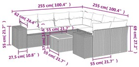 9 pcs conjunto sofás p/ jardim com almofadões vime PE cinzento