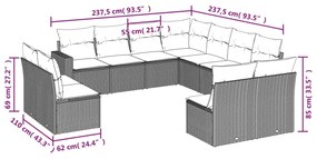 11 pcs conjunto sofás de jardim c/ almofadões vime PE cinzento