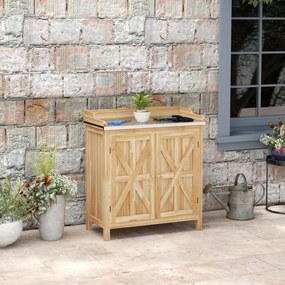 Mesa jardinagem com armário de arrumação com 2 prateleiras 83 x 40 x 92 cm, tabuleiro galvanizado e patins antiderrapantes em madeira de abeto natural