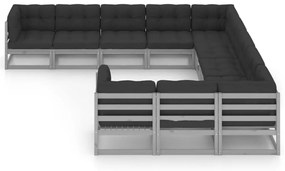 11 pcs conj. lounge jardim c/ almofadões pinho maciço cinzento