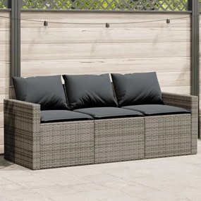 vidaXL Sofá de jardim de 3 lugares com almofadões vime PE cinzento