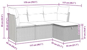4 pcs conj. sofás jardim c/ almofadões vime PE cinzento-claro