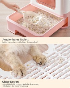 Caixa de areia para gatos com tampa e colher espaçoso branco-rosa pastel