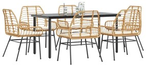 Conjunto jantar jardim 7 peças almofadas vidro vime PE castanho