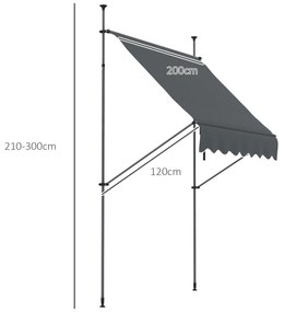 Toldo Manual Retrátil com Manivela 200x120x210-300 cm com Altura Ajustável Impermeável para Jardim Varanda Cinza Escuro