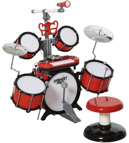 Kit de bateria infantil para crianças acima de 3 anos com tamborete microfone Pratos teclado e vários efeitos de DJ 77,5x40x76,5 cm Vermelho