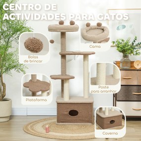 Arranhador para Gatos com Cama Caverna Plataformas Bola Suspensa e Poste de Juta 48x40x133 cm Castanho