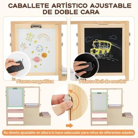 Conjunto de mesa e banco de arte para crianças com cavalete ajustável de dupla face, quadro magnético e rolo de papel Rosa