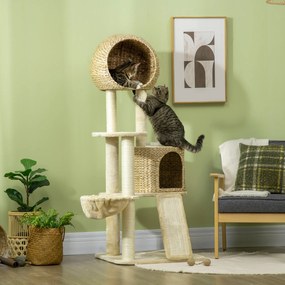 Arranhador  para gatos com arranhador de sisal natural, 2 nichos, plataforma, rede e peluche 60 x 60 x 150 cm, bege