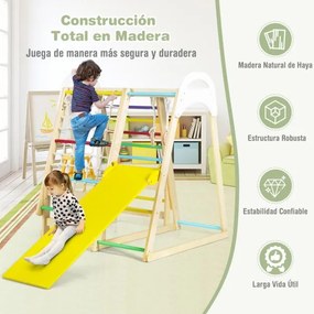 Parque infantil de madeira 6 em 1 com escorrega, barras, argolas, rede, escada e tenda para crianças a partir de 1 ano – Multicolorido