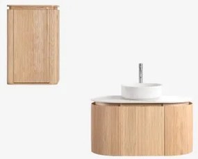 Conjunto De Móvel De Casa De Banho Suspenso 90x50 Cm Em Madeira Carsone Madeira Natural & Madeira Natural & Cerâmica Redonda Branca Ø40 - Sklum