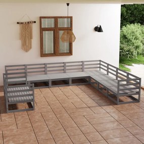 10 pcs conjunto lounge de jardim pinho maciço cinzento