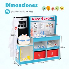 Consultório médico em madeira para Crianças 85 x 25 x 80 cm com área de exame, filme de raios X, monitor de ECG e tabela optométrica Azul