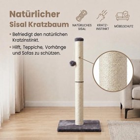 Tronco para arranhar 40 x 40 x 84 cm (C x L x A) em sisal natural resistente com brinquedo, cinzento