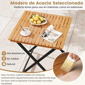 Mesa auxiliar jardim dobrável quadrada em madeira de acácia 70 x 70 x 73 cm com tampo de ripas e travessas reforçadas, portátil para pátio, terraço ou