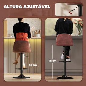 Conjunto 2 Bancos de Bar Reguláveis em Altura 84-104 cm com Encosto e Apoio para os Pés Estofadas em PU Giratórias em 360° Castanho