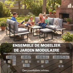 Conjunto de jardim para 6 pessoas, modular, com mesa baixa e extensões laterais em madeira PSPC e almofadas grossas de 10 cm, cinzentas