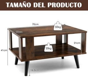 Mesa de Centro para Espaços Pequenos 2 Camadas com Prateleira de Armazenamento Aberta Industrial para Sala de Estar 70 x 50 x 41 cm Castanho