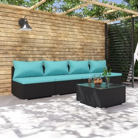 5 pcs conjunto lounge de jardim c/ almofadões vime PE preto