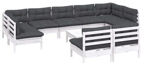 10 pcs conj. lounge de jardim c/ almofadões pinho maciço branco