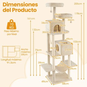 Arranhador para gatos 91,5 x 59 x 205 cm Torre de escalada e Postes para arranhar de sisal e corda bege
