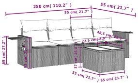 5 pcs conjunto sofás de jardim com almofadões vime PE preto