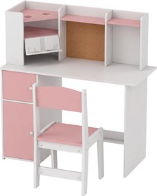 Secretária Infantil com Cadeira, Suporte Ajustável para Tablet, Porta-lápis, Quadro de Cortiça, Estantes e Armários, Rosa