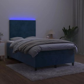 Cama box spring c/ colchão/LED 120x200 cm veludo azul-escuro