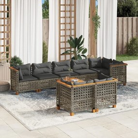 9 pcs conjunto sofás p/ jardim com almofadões vime PE cinzento