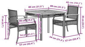 3 pcs conjunto de jantar p/ jardim c/ almofadões vime PE cinza