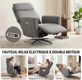 Poltrona Relaxante Elétrica Giratória, 87 x 76 x 114 cm, Apoio de Cabeça Regulável, Cinzenta