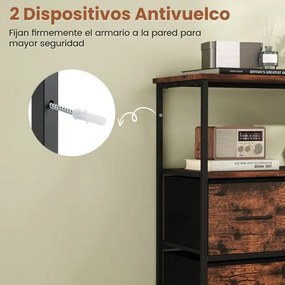 Cômoda para quarto com 5 gavetas 100 × 30 × 80 cm com 2 prateleiras abertas de madeira e estrutura metálica resistente Castanho