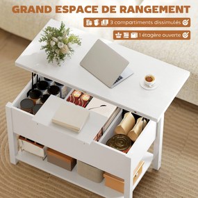 Mesa de Centro Elevável e Extensível, 100 x 90 x 63,5 cm, Tampo Duplo Ajustável, Branca