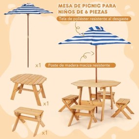 Conjunto de mesa de madeira para crianças com 4 cadeiras Guarda-sol dobrável de altura ajustável para pátio exterior Pátio jardim Natural