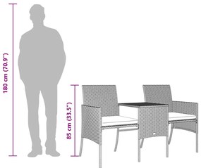 Sofá de jardim de 2 lugares com mesa e bancos vime PE cinzento