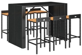 7 pcs conjunto de bar p/ jardim vime PE/acácia maciça preto