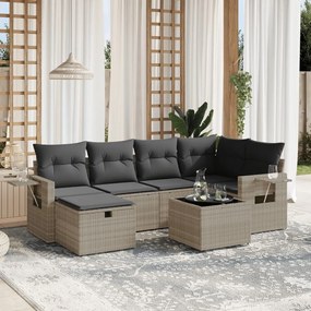 7 pcs conj. sofás jardim com almofadões vime PE cinzento-claro