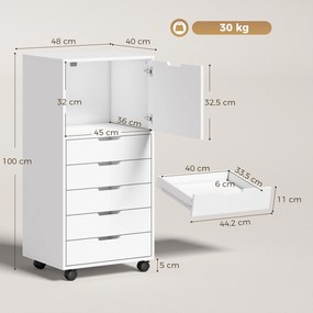 Bloco gavetas de Escritório com 5 Gavetas Armário com Fecho Suave Rodas e Suporte para Impressora Branco