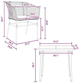 Conjunto jantar jardim 3 peças almofadas vidro vime PE castanho