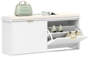 HOMCOM Banco Sapateira Móvel Sapateira Estreito Banco de Entrada com Assento Estofado 2 Caixas Rebatível e Painel de Ripas para Entrada Quarto Sala de Estar 104x26x47,5 cm Branco