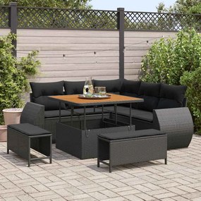 Conjunto de Sofá de Jardim 8 Peças com Almofadas Preto Rattan Poliéster Acácia