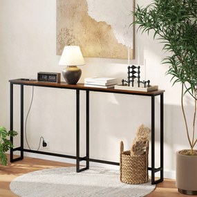 Mesa de Consola Estreita Consola com Estação de Carga Estrutura de Aço Estilo Industrial para  160x20x80 cm Castanho Rústico