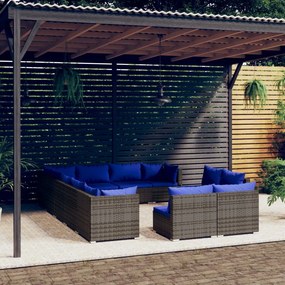 vidaXL 12 pcs conjunto lounge de jardim c/ almofadões vime PE cinzento