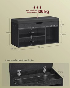 Banco sapateira com 3 compartimentos abertos 30 x 80 x 44 cm preto