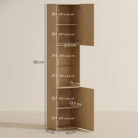 Coluna Casa de Banho Estreita Armário de Banho Alto com 6 Níveis com 2 Portas Prateleira de Vidro  40x31x182 cm Carvalho